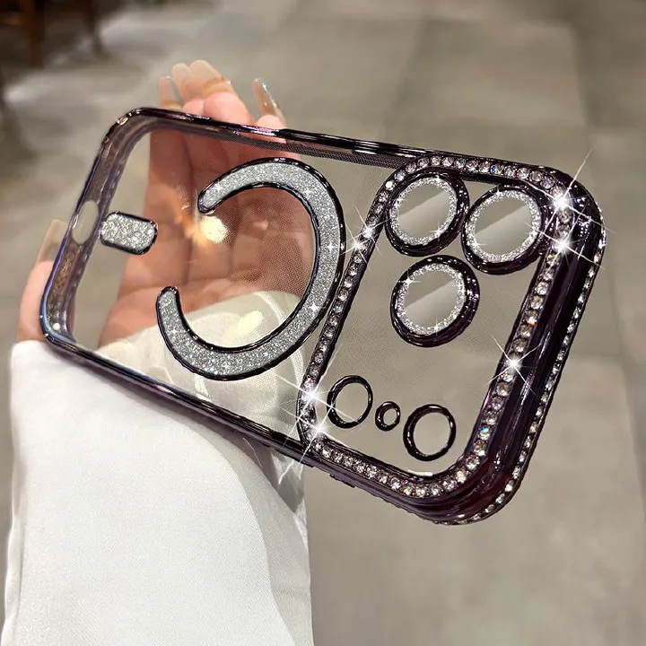 New Lens Protective Bling Diamond Magnetic Cell Phone Case Cover for iPhone 17 Pro Max 16 15 14 13 12 Pro Max 17 Air 15 16 Plus Magnetic Electroplating Cover
