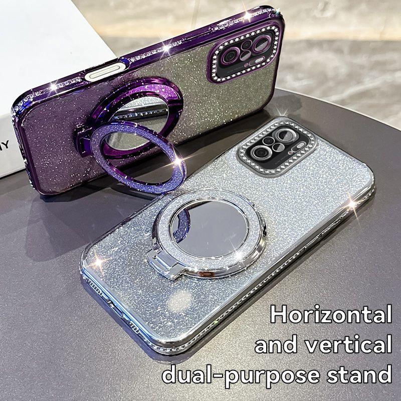 Phone Case for Xiaomi Redmi Note 10 6.43"/ Note 10S 6.43" Glitter Electroplated Rhinestone Touch Up Mirror Magnetic Bracket Phone Case
