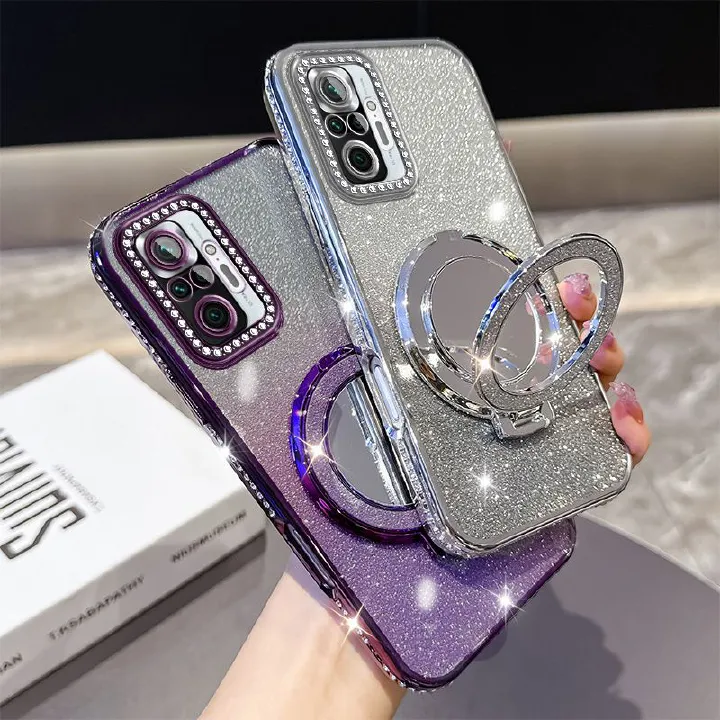 Phone Case for Xiaomi Redmi Note 10 Pro 4G/Max Glitter Electroplated Rhinestone Touch Up Mirror Magnetic Bracket Phone Case