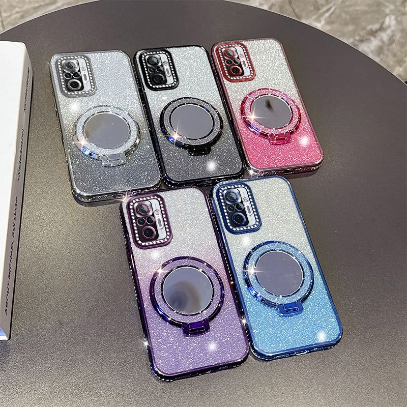 Phone Case for Xiaomi Redmi Note 10 Pro 4G/Max Glitter Electroplated Rhinestone Touch Up Mirror Magnetic Bracket Phone Case