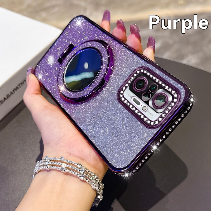 Phone Case for Xiaomi Redmi Note 10 Pro 4G/Max Glitter Electroplated Rhinestone Touch Up Mirror Magnetic Bracket Phone Case