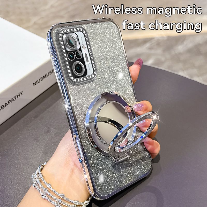 Phone Case for Xiaomi Redmi Note 10 Pro 4G/Max Glitter Electroplated Rhinestone Touch Up Mirror Magnetic Bracket Phone Case