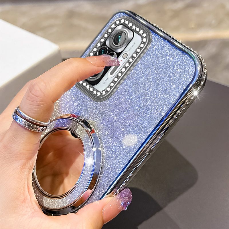 Phone Case for Xiaomi Redmi Note 10 Pro 4G/Max Glitter Electroplated Rhinestone Touch Up Mirror Magnetic Bracket Phone Case