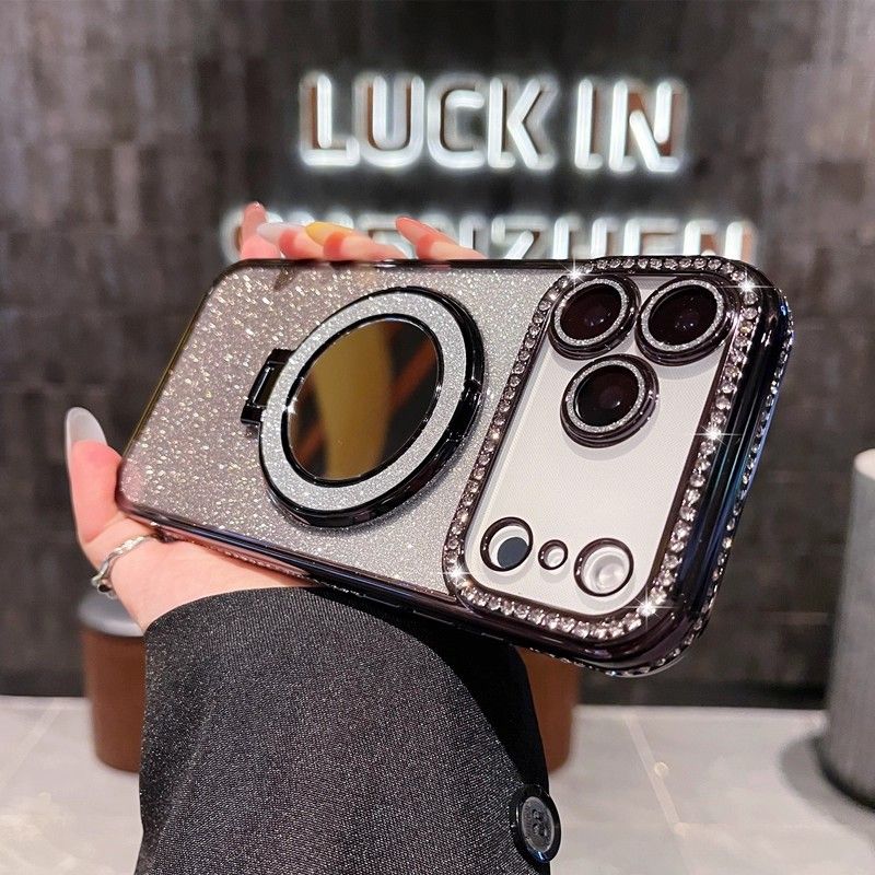 Phone Case for iPhone 17 Pro Max 17 Air 16e 16 Plus 15 14 Plus 12 13 Pro 11 Pro Max Glitter Electroplated Rhinestone Touch Up Mirror Magnetic Bracket Phone Case