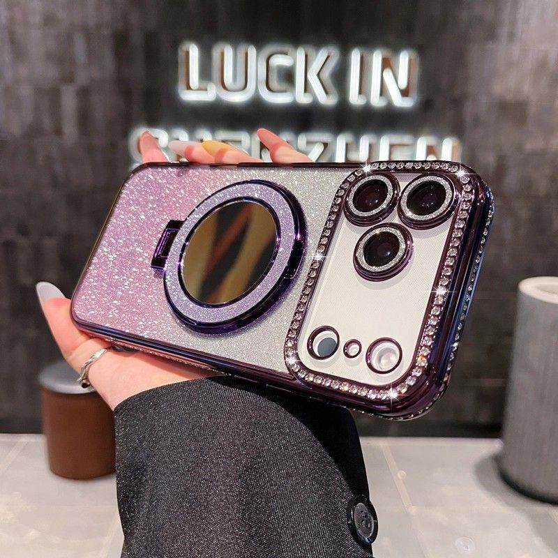 Phone Case for iPhone 17 Pro Max 17 Air 16e 16 Plus 15 14 Plus 12 13 Pro 11 Pro Max Glitter Electroplated Rhinestone Touch Up Mirror Magnetic Bracket Phone Case