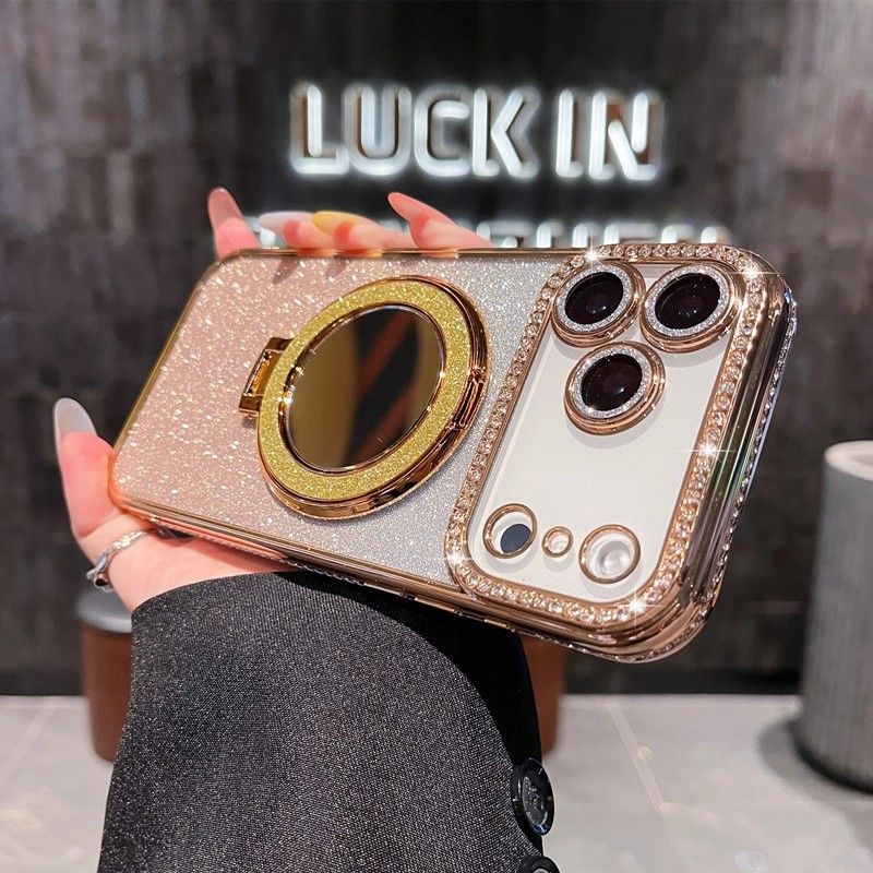 Phone Case for iPhone 17 Pro Max 17 Air 16e 16 Plus 15 14 Plus 12 13 Pro 11 Pro Max Glitter Electroplated Rhinestone Touch Up Mirror Magnetic Bracket Phone Case