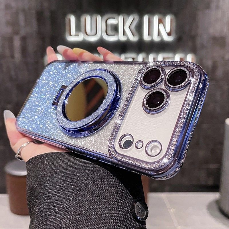 Phone Case for iPhone 17 Pro Max 17 Air 16e 16 Plus 15 14 Plus 12 13 Pro 11 Pro Max Glitter Electroplated Rhinestone Touch Up Mirror Magnetic Bracket Phone Case