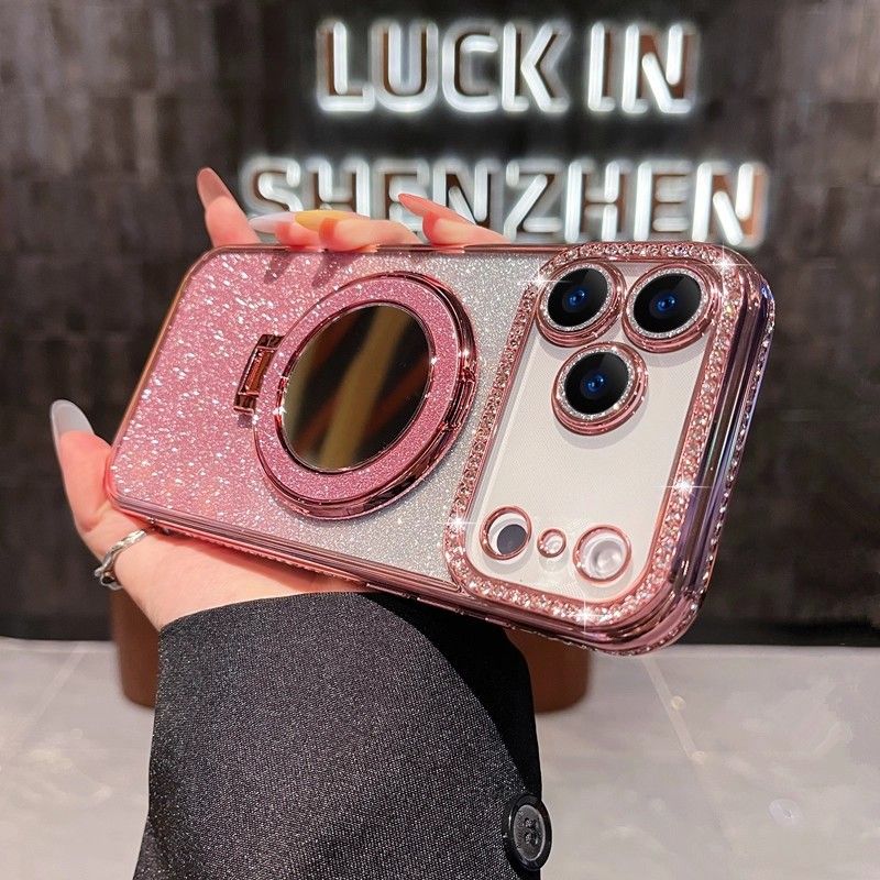 Phone Case for iPhone 17 Pro Max 17 Air 16e 16 Plus 15 14 Plus 12 13 Pro 11 Pro Max Glitter Electroplated Rhinestone Touch Up Mirror Magnetic Bracket Phone Case