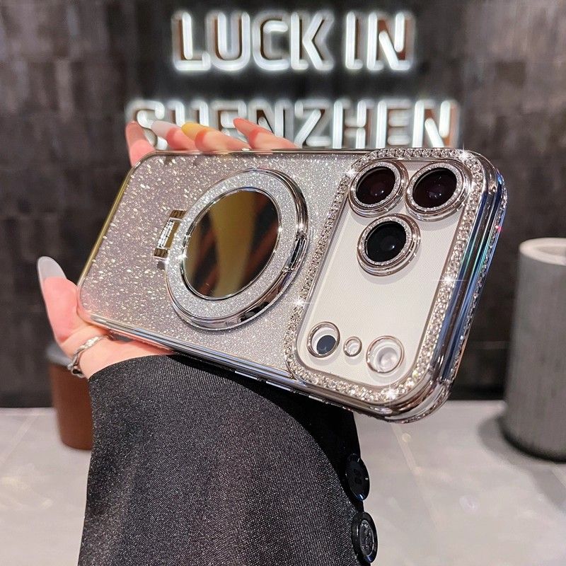 Phone Case for iPhone 17 Pro Max 17 Air 16e 16 Plus 15 14 Plus 12 13 Pro 11 Pro Max Glitter Electroplated Rhinestone Touch Up Mirror Magnetic Bracket Phone Case