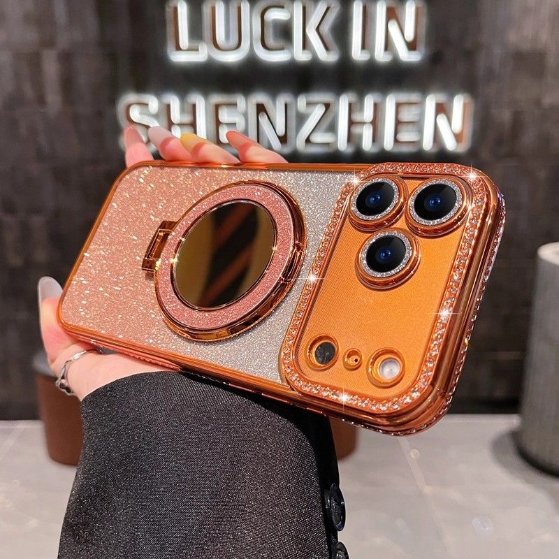 Phone Case for iPhone 17 Pro Max 17 Air 16e 16 Plus 15 14 Plus 12 13 Pro 11 Pro Max Glitter Electroplated Rhinestone Touch Up Mirror Magnetic Bracket Phone Case