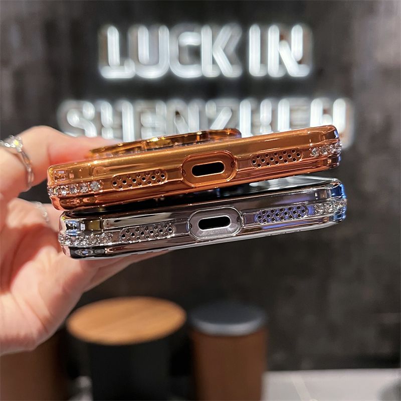 Phone Case for iPhone 17 Pro Max 17 Air 16e 16 Plus 15 14 Plus 12 13 Pro 11 Pro Max Glitter Electroplated Rhinestone Touch Up Mirror Magnetic Bracket Phone Case