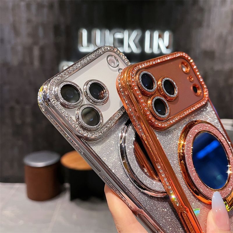 Phone Case for iPhone 17 Pro Max 17 Air 16e 16 Plus 15 14 Plus 12 13 Pro 11 Pro Max Glitter Electroplated Rhinestone Touch Up Mirror Magnetic Bracket Phone Case