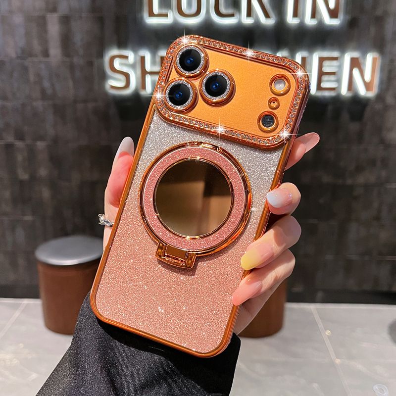 Phone Case for iPhone 17 Pro Max 17 Air 16e 16 Plus 15 14 Plus 12 13 Pro 11 Pro Max Glitter Electroplated Rhinestone Touch Up Mirror Magnetic Bracket Phone Case