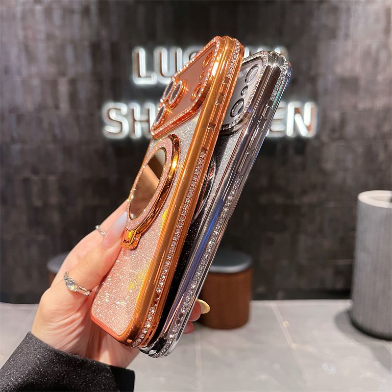 Phone Case for iPhone 17 Pro Max 17 Air 16e 16 Plus 15 14 Plus 12 13 Pro 11 Pro Max Glitter Electroplated Rhinestone Touch Up Mirror Magnetic Bracket Phone Case