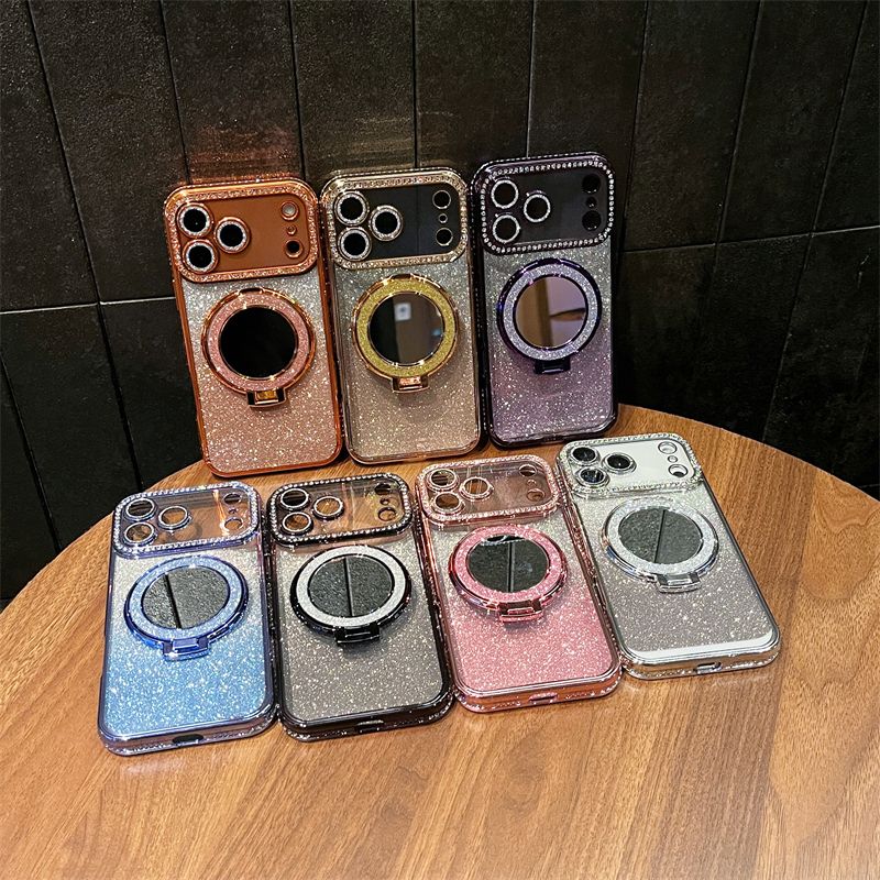 Phone Case for iPhone 17 Pro Max 17 Air 16e 16 Plus 15 14 Plus 12 13 Pro 11 Pro Max Glitter Electroplated Rhinestone Touch Up Mirror Magnetic Bracket Phone Case