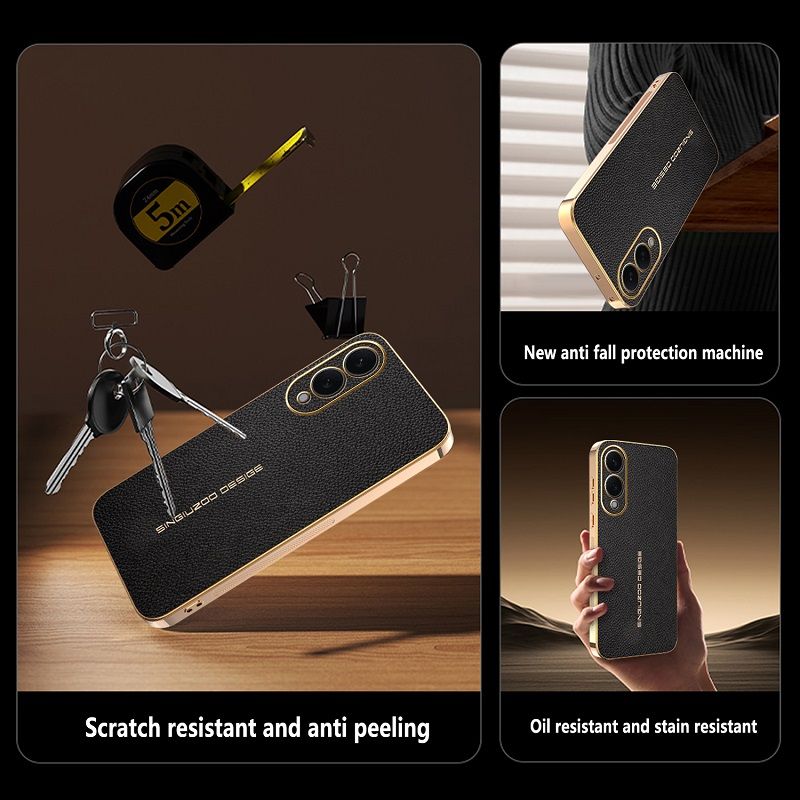Phone Case for Samsung Galaxy S25 Edge Electroplated Lychee Pattern Leather Texture Light Luxury Protective Case