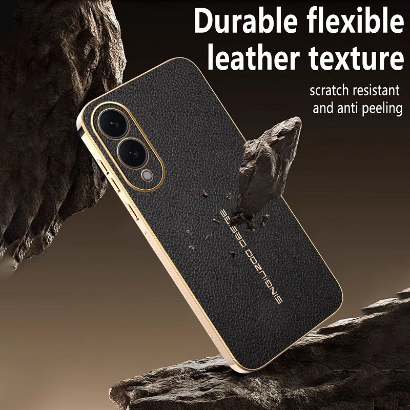 Phone Case for Samsung Galaxy S25 Edge Electroplated Lychee Pattern Leather Texture Light Luxury Protective Case