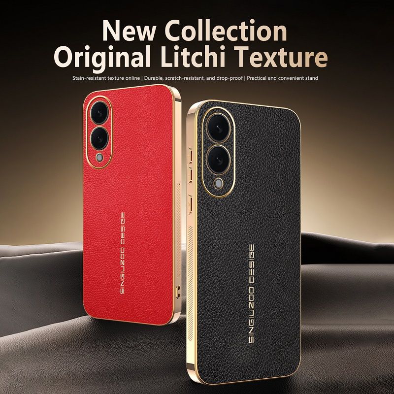 Phone Case for Samsung Galaxy S25 Edge Electroplated Lychee Pattern Leather Texture Light Luxury Protective Case
