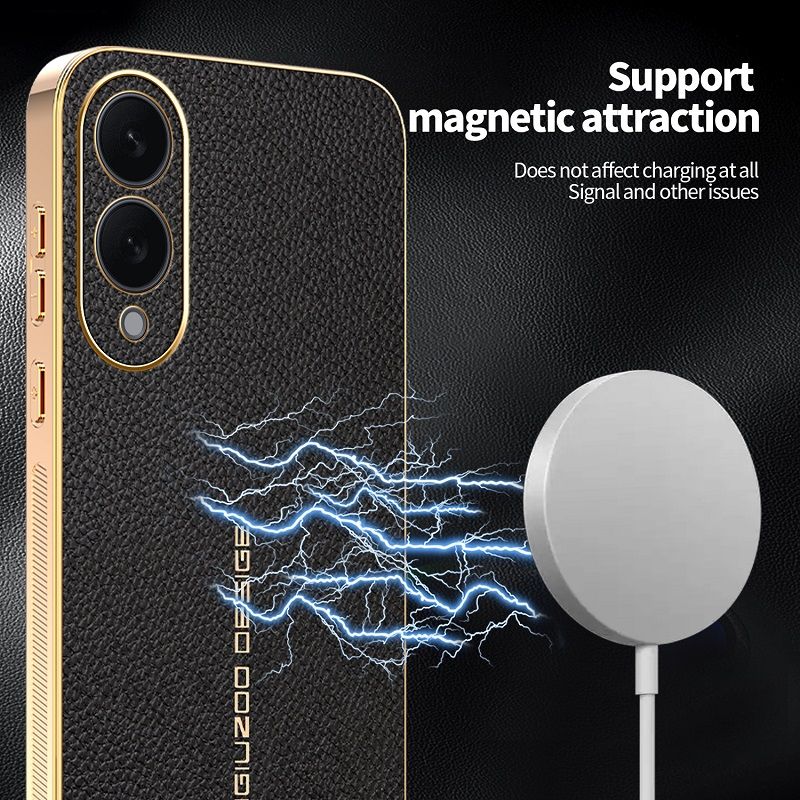 Phone Case for Samsung Galaxy S25 Edge Electroplated Lychee Pattern Leather Texture Light Luxury Protective Case