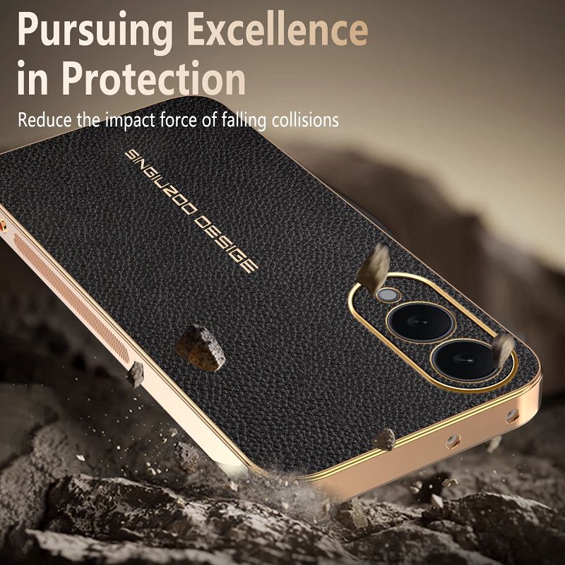 Phone Case for Samsung Galaxy S25 Edge Electroplated Lychee Pattern Leather Texture Light Luxury Protective Case