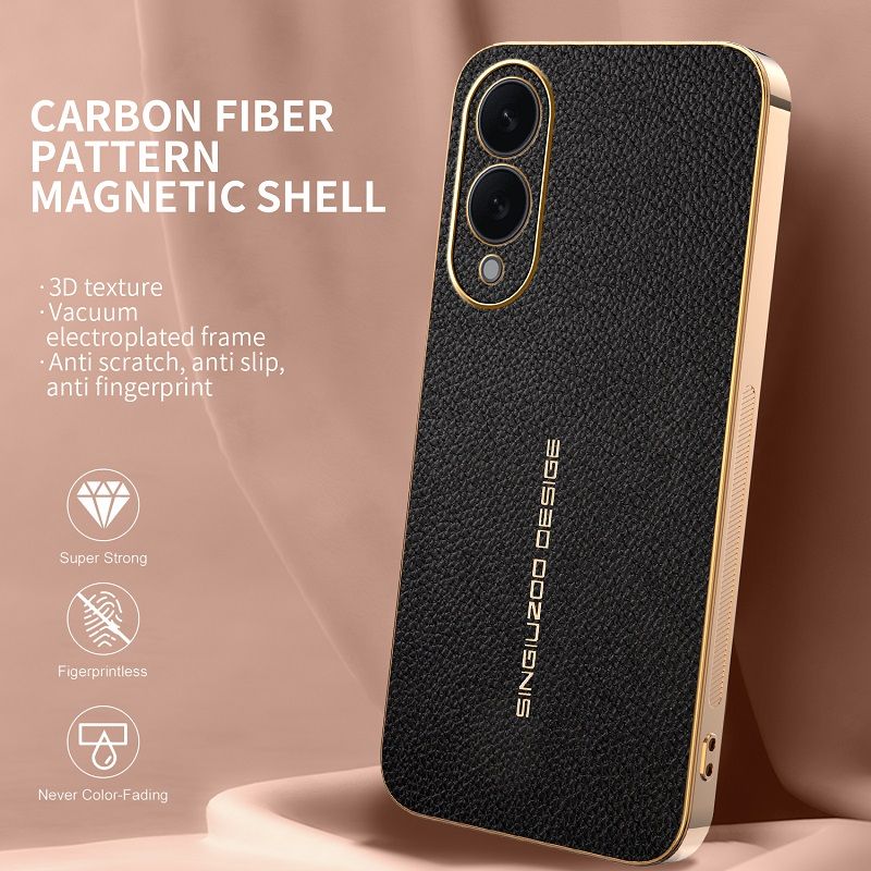 Phone Case for Samsung Galaxy S25 Edge Electroplated Lychee Pattern Leather Texture Light Luxury Protective Case