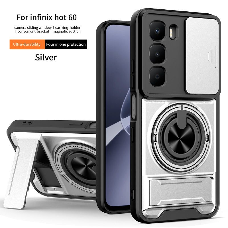 Luxury Slide Camera Lens Case Protective Cover for Infinix Hot 60i 4G (X6728, X6728B) / Hot 60 4G Magnetic Kickstand Phone Case