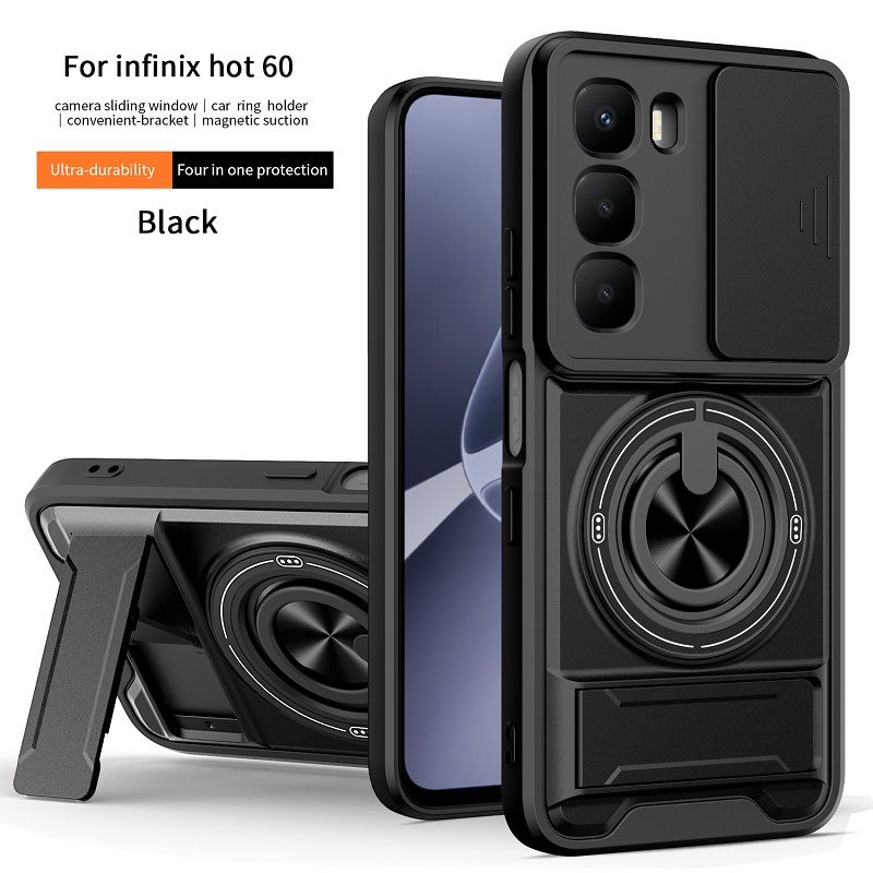 Luxury Slide Camera Lens Case Protective Cover for Infinix Hot 60i 4G (X6728, X6728B) / Hot 60 4G Magnetic Kickstand Phone Case