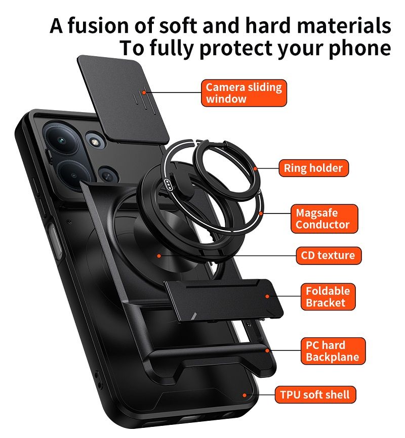 Luxury Slide Camera Lens Case Protective Cover for Xiaomi Redmi 15C Magnetic Kickstand Phone Case