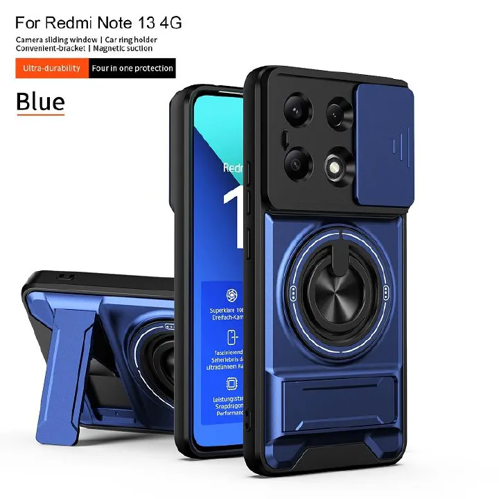 Luxury Slide Camera Lens Case Protective Cover for Xiaomi Redmi Note 13 4G Magnetic Kickstand Phone Case
