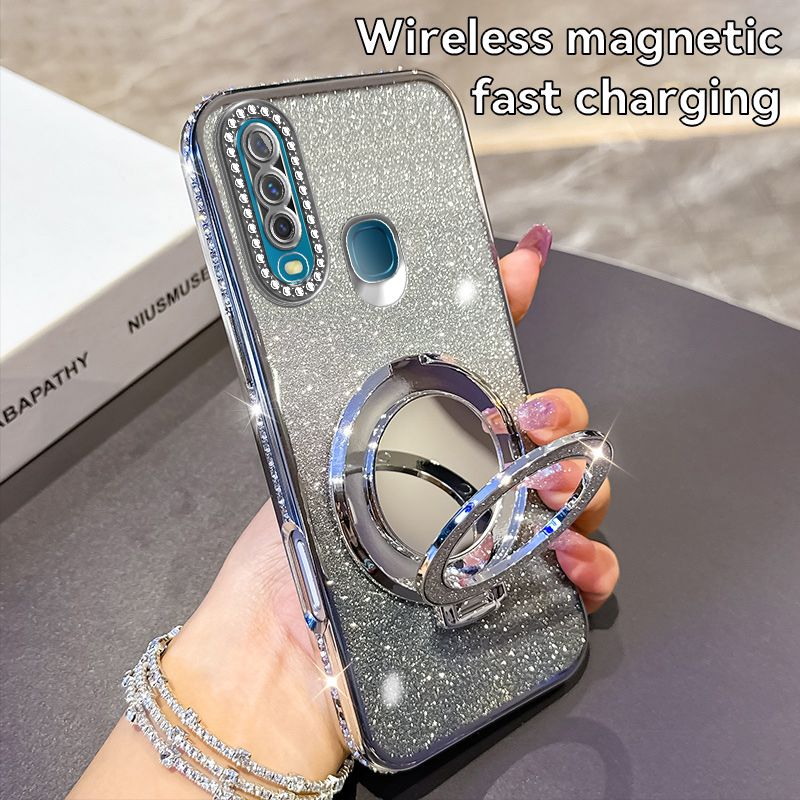 Phone Case for Vivo Y17/Y3 Glitter Electroplated Rhinestone Touch Up Mirror Magnetic Bracket Phone Case