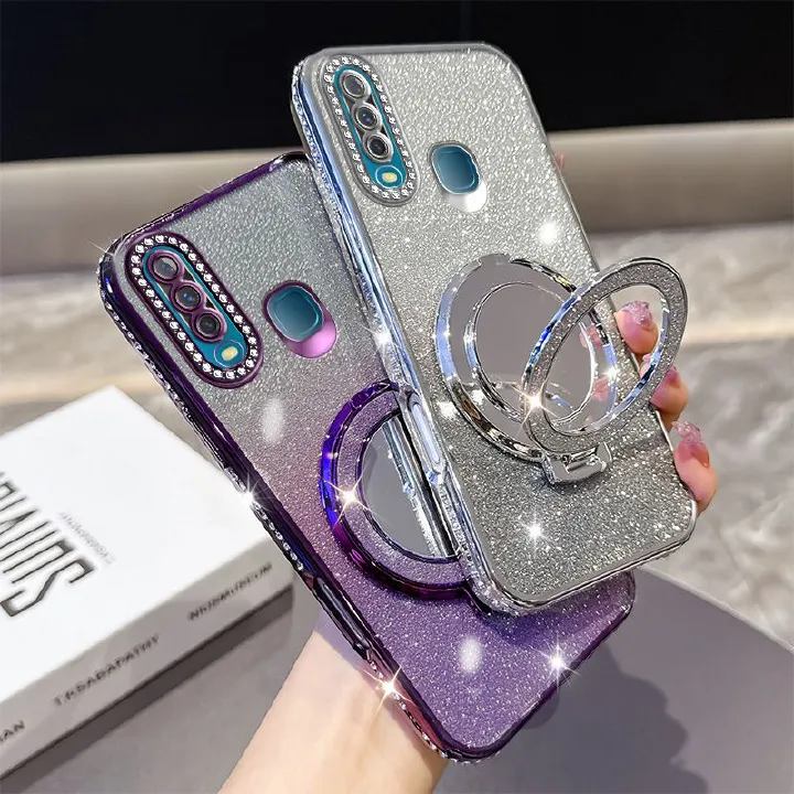 Phone Case for Vivo Y17/Y3 Glitter Electroplated Rhinestone Touch Up Mirror Magnetic Bracket Phone Case