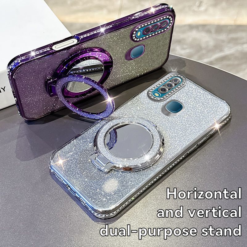 Phone Case for Vivo Y17/Y3 Glitter Electroplated Rhinestone Touch Up Mirror Magnetic Bracket Phone Case