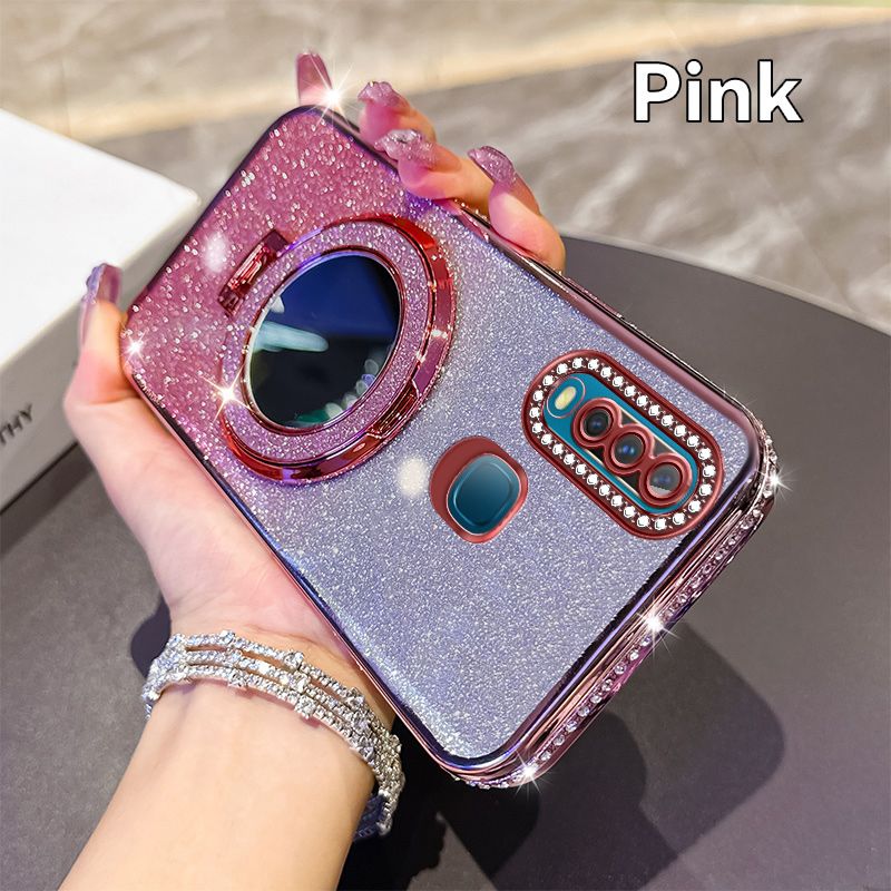 Phone Case for Vivo Y17/Y3 Glitter Electroplated Rhinestone Touch Up Mirror Magnetic Bracket Phone Case
