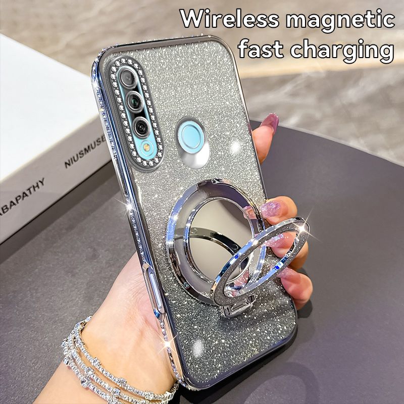 Phone Case for Huawei Y9 Prime (2019) Glitter Electroplated Rhinestone Touch Up Mirror Magnetic Bracket Phone Case