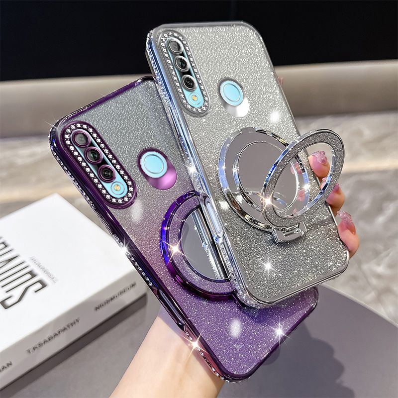 Phone Case for Huawei Y9 Prime (2019) Glitter Electroplated Rhinestone Touch Up Mirror Magnetic Bracket Phone Case