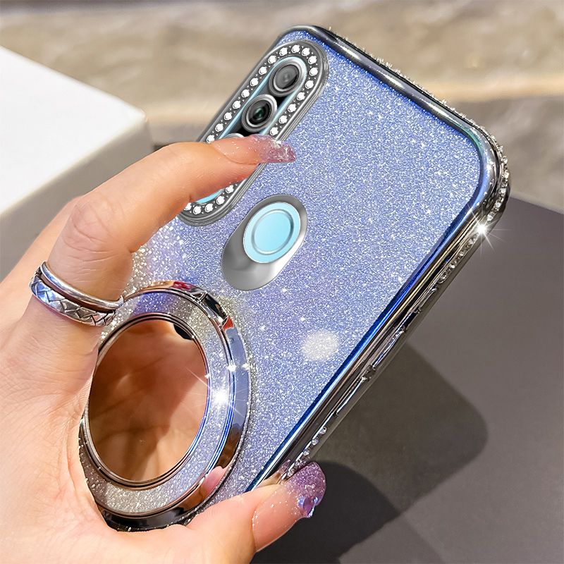 Phone Case for Huawei Y9 Prime (2019) Glitter Electroplated Rhinestone Touch Up Mirror Magnetic Bracket Phone Case