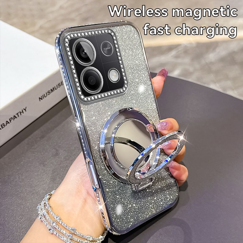Phone Case for Xiaomi Redmi Note 13 5G Glitter Electroplated Rhinestone Touch Up Mirror Magnetic Bracket Phone Case