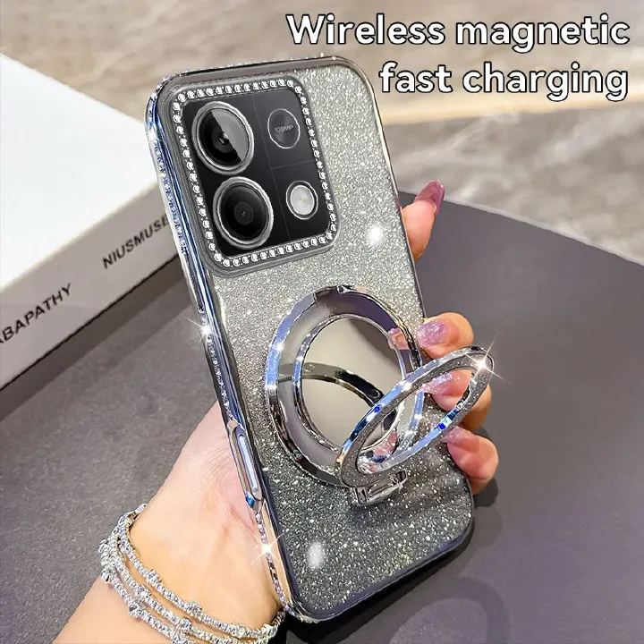 Phone Case for Xiaomi Redmi Note 13 5G Glitter Electroplated Rhinestone Touch Up Mirror Magnetic Bracket Phone Case