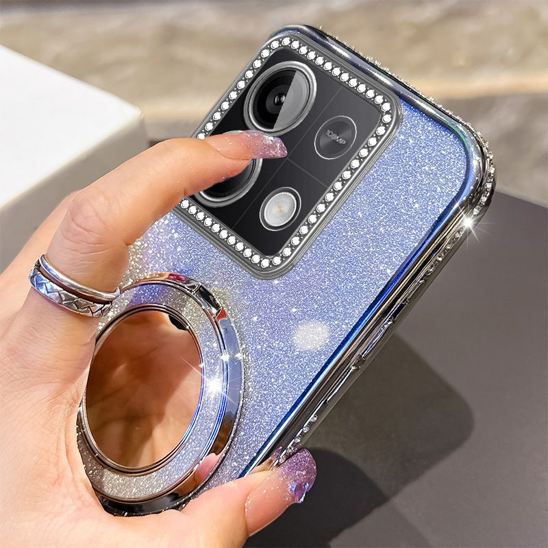 Phone Case for Xiaomi Redmi Note 13 5G Glitter Electroplated Rhinestone Touch Up Mirror Magnetic Bracket Phone Case