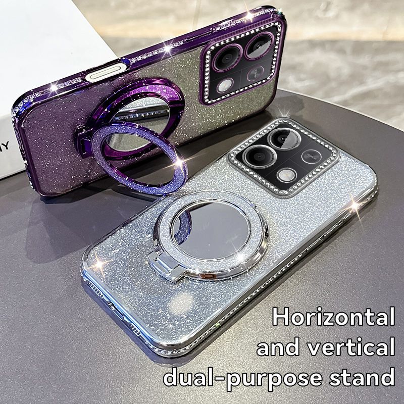 Phone Case for Xiaomi Redmi Note 13 5G Glitter Electroplated Rhinestone Touch Up Mirror Magnetic Bracket Phone Case