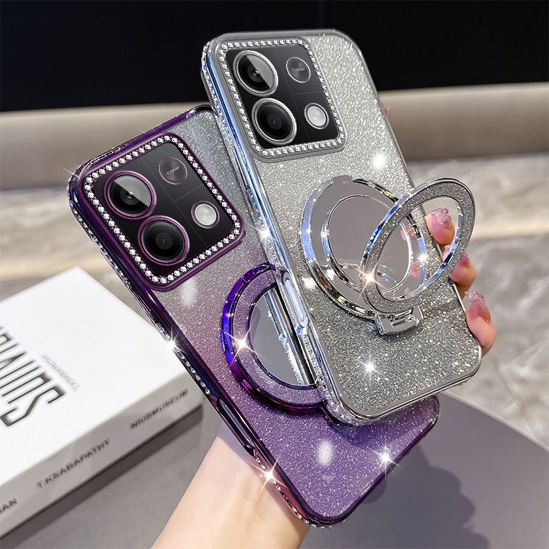 Phone Case for Xiaomi Redmi Note 13 5G Glitter Electroplated Rhinestone Touch Up Mirror Magnetic Bracket Phone Case