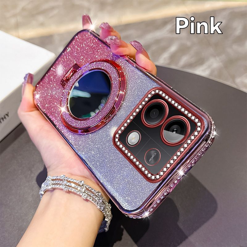 Phone Case for Xiaomi Redmi Note 13 5G Glitter Electroplated Rhinestone Touch Up Mirror Magnetic Bracket Phone Case