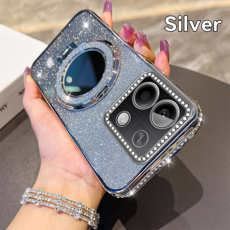 Phone Case for Xiaomi Redmi Note 13 5G Glitter Electroplated Rhinestone Touch Up Mirror Magnetic Bracket Phone Case