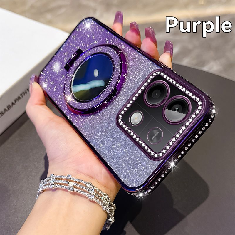 Phone Case for Xiaomi Redmi Note 13 5G Glitter Electroplated Rhinestone Touch Up Mirror Magnetic Bracket Phone Case