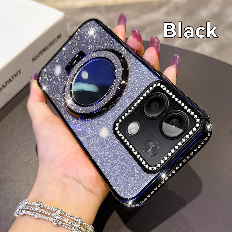 Phone Case for Xiaomi Redmi Note 13 5G Glitter Electroplated Rhinestone Touch Up Mirror Magnetic Bracket Phone Case