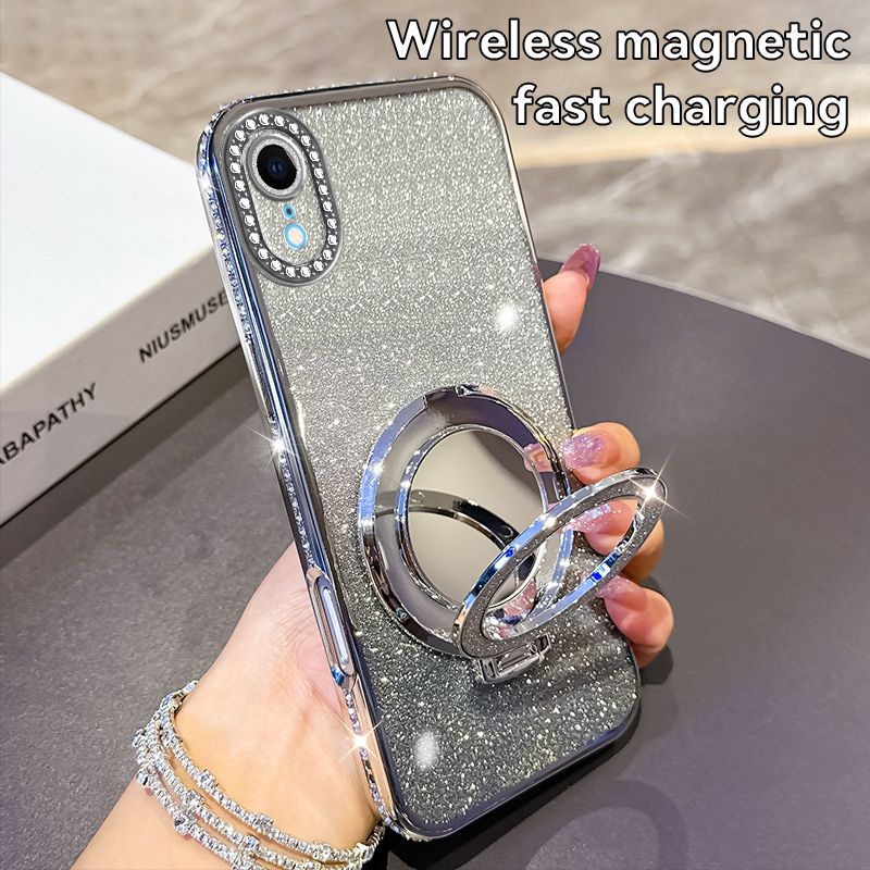 Phone Case for iPhone XR Glitter Electroplated Rhinestone Touch Up Mirror Magnetic Bracket Phone Case