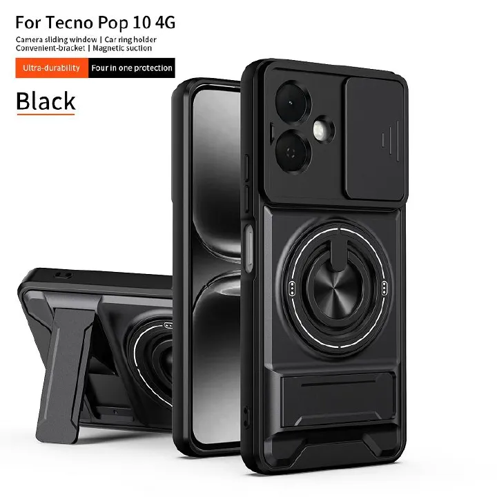Luxury Slide Camera Lens Case Protective Cover for Tecno Pop 10 4G (6.67" inch)/ Spark Go 2 (6.67" inch) Magnetic Kickstand Phone Case