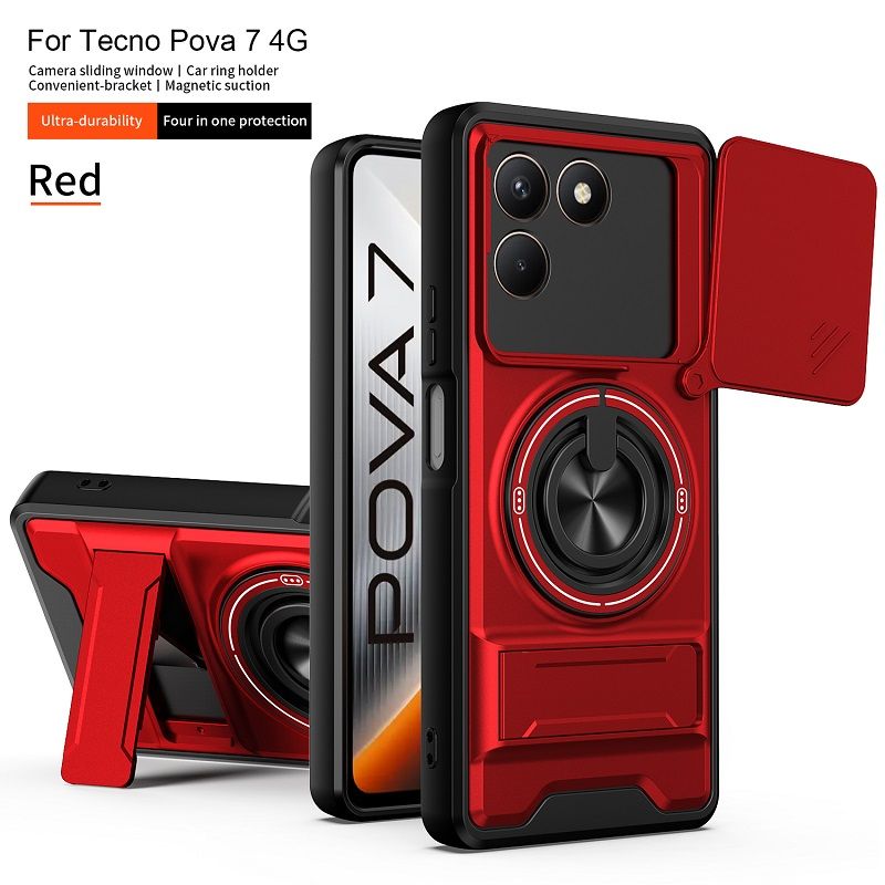 Luxury Slide Camera Lens Case Protective Cover for Tecno Pova 7 4G (6.78" inch) Magnetic Kickstand Phone Case