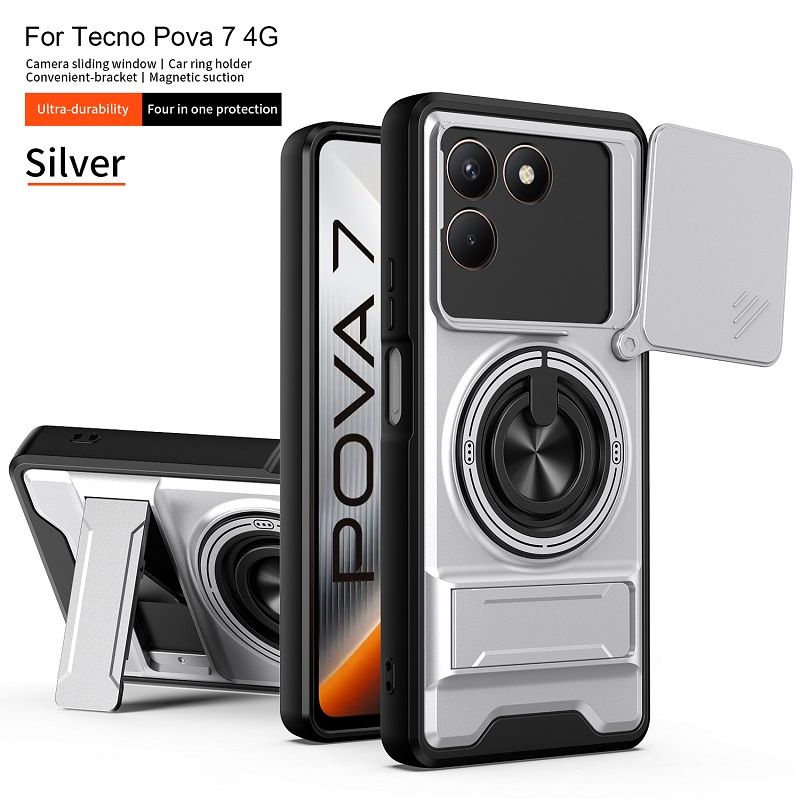Luxury Slide Camera Lens Case Protective Cover for Tecno Pova 7 4G (6.78" inch) Magnetic Kickstand Phone Case
