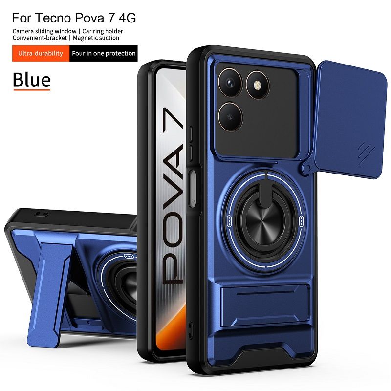 Luxury Slide Camera Lens Case Protective Cover for Tecno Pova 7 4G (6.78" inch) Magnetic Kickstand Phone Case